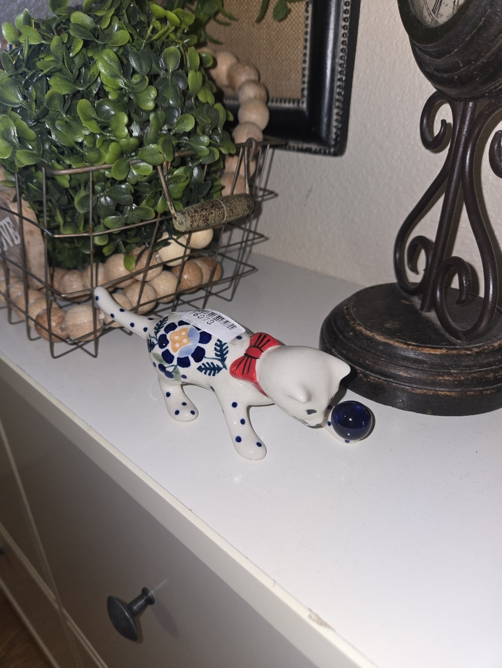 Polish Pottery Cat Figurine 5" Orange And Blue Flower